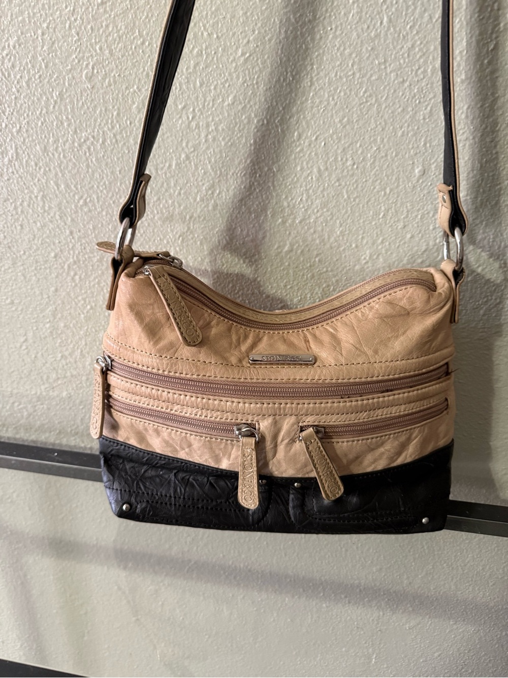 Stone & Co Tan Black Multi-Zip Crossbody Shoulder Bag